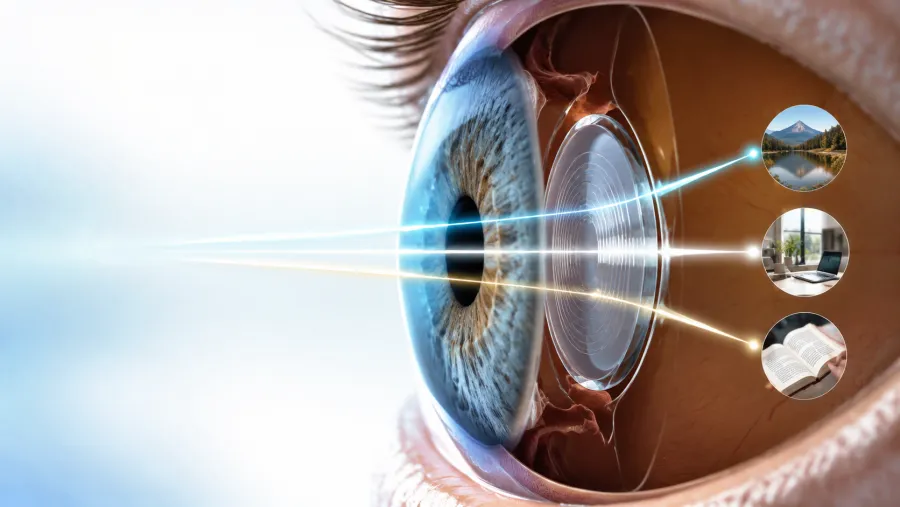 Ilustração de uma lente trifocal focando longe, intermediário e perto