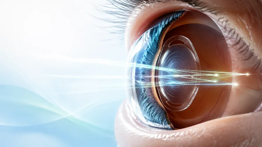 Ilustração de uma lente intraocular trifocal implantada no olho
