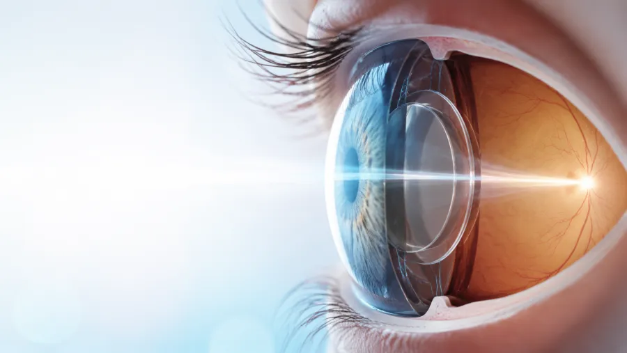 Ilustração de uma lente intraocular de foco estendido implantada no olho