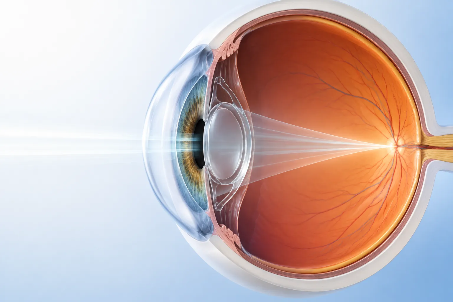 Corte anatômico do olho mostrando a luz atravessando o cristalino até a retina
