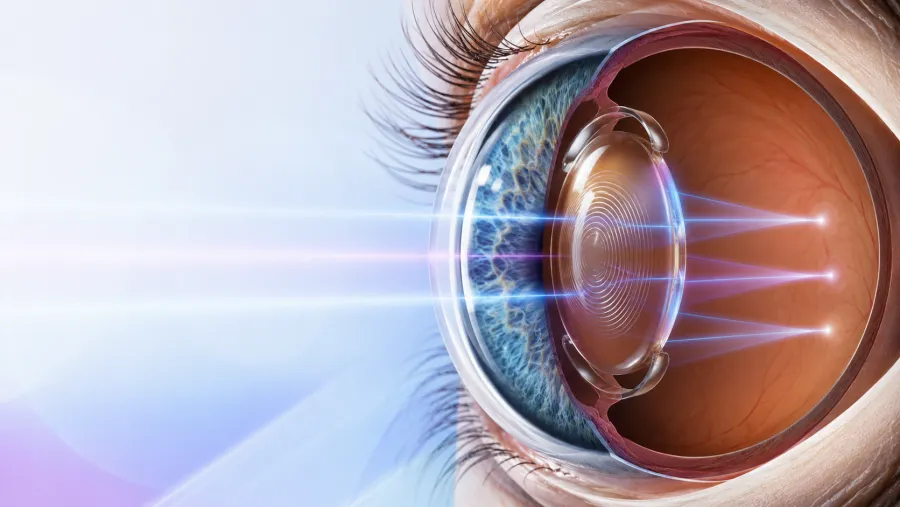 Ilustração de uma lente intraocular multifocal difrativa implantada no olho